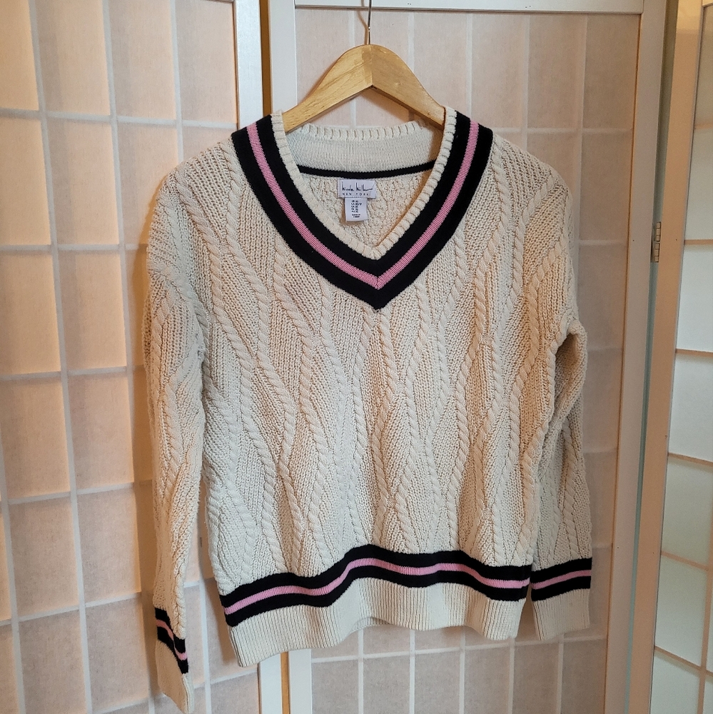 Nicole Miller College Cable Knit V-Neck Sweater Sz XS